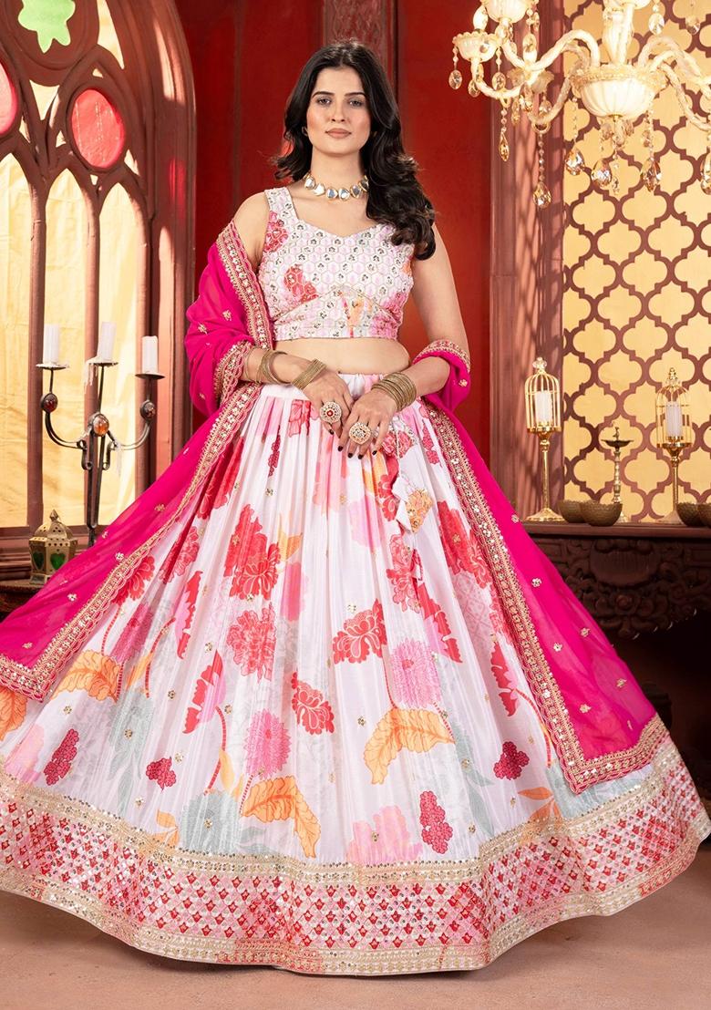 White And Pink Embroidery Chinon Lehenga Set - Indya
