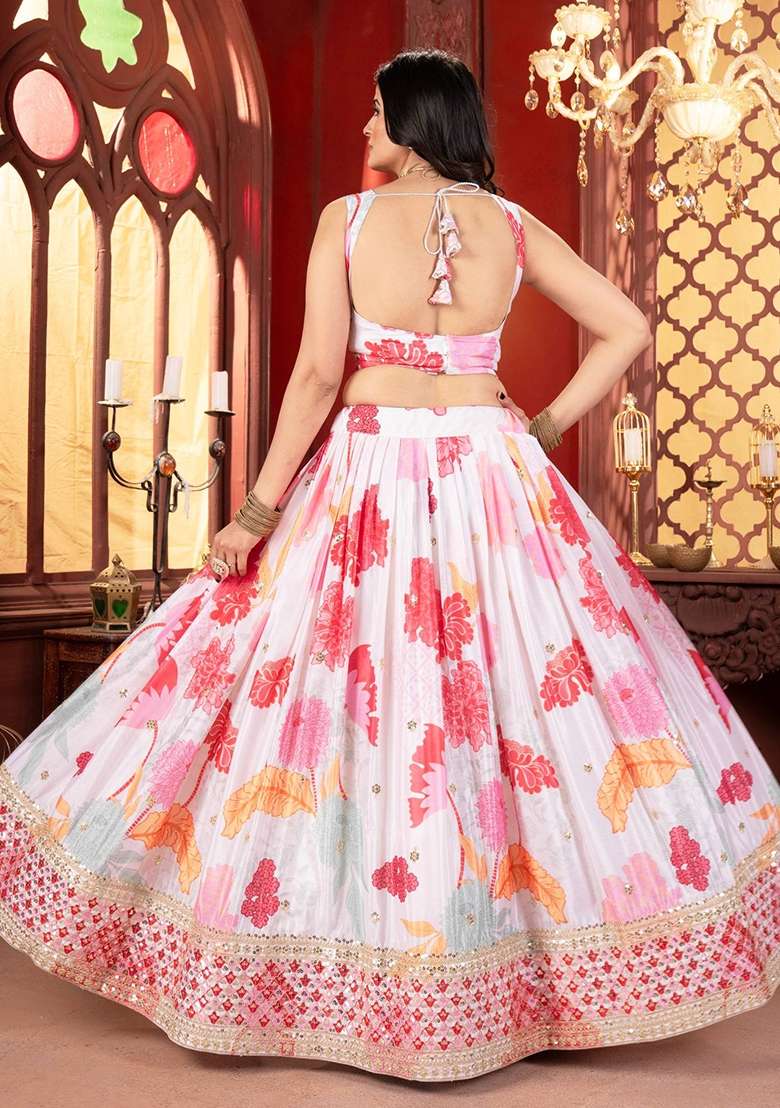 White And Pink Chinon Lehenga Set with Embroidery for Diwali | Wedding & Festive Wear - Indya