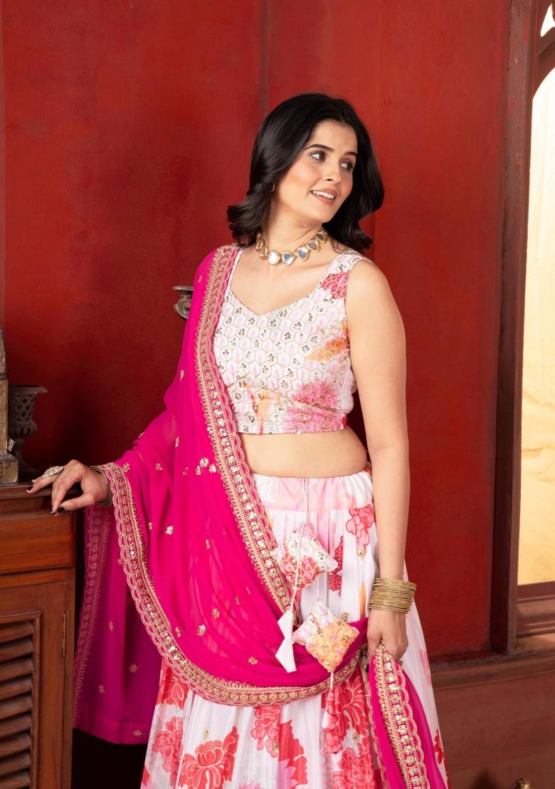 White And Pink Embroidery Chinon Lehenga Set - Indya