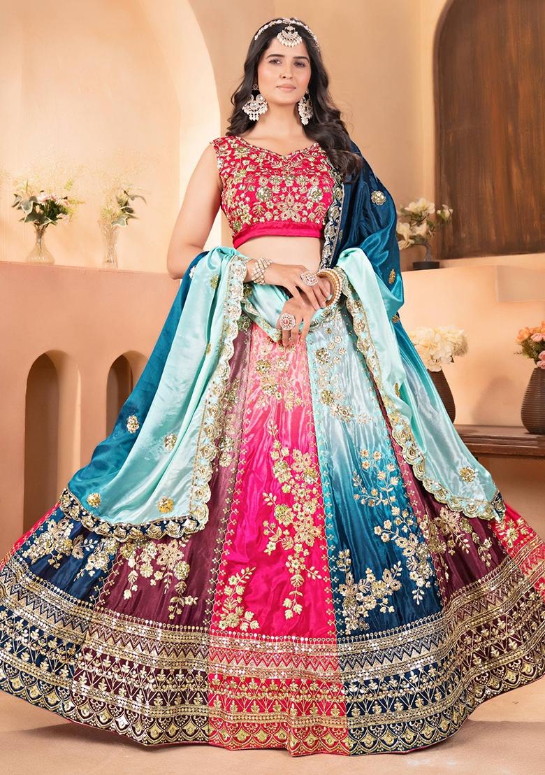 Multicolor Embroidery Chinon Lehenga Set - Indya