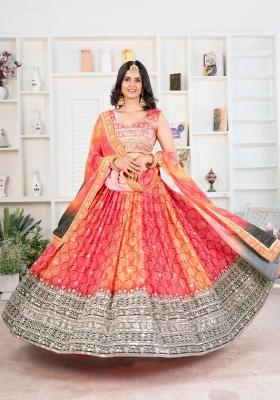 Orange Embroidery Silk Lehenga Set
