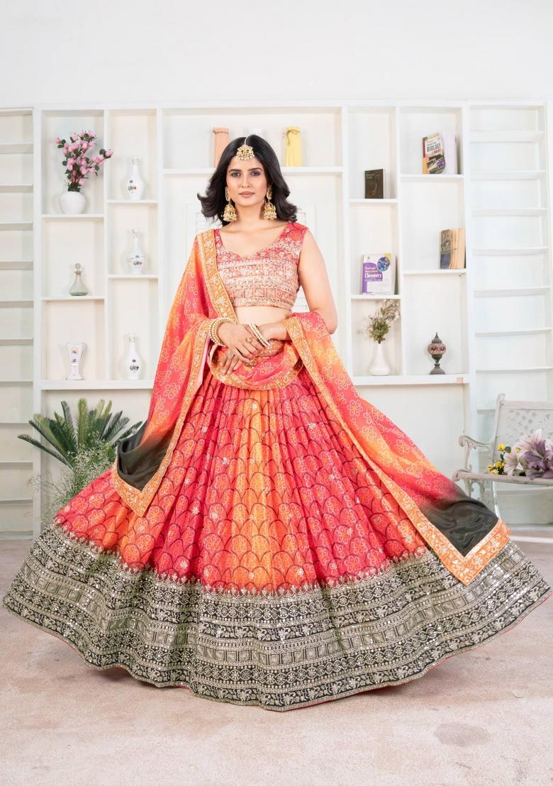 Orange Embroidery Silk Lehenga Set - Indya