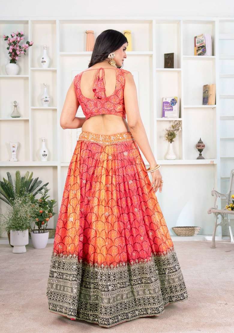 Orange Silk Blend Lehenga Set with Embroidery for Diwali | Wedding & Festive Wear - Indya