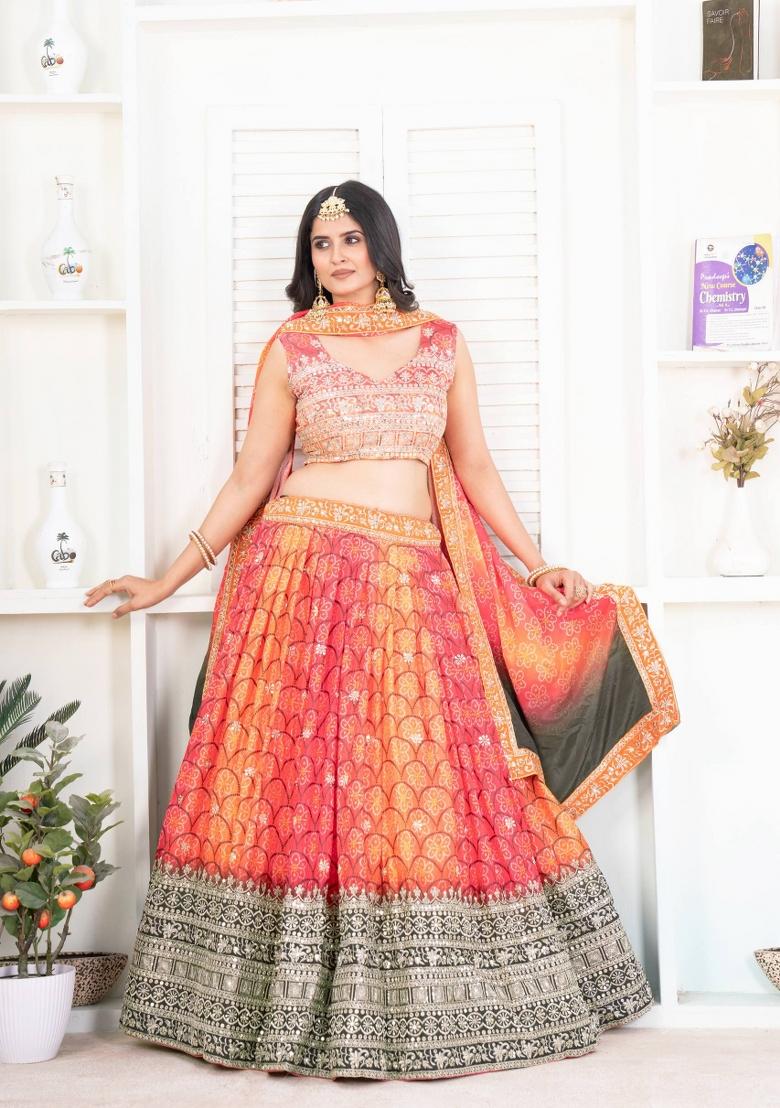 Orange Embroidery Silk Lehenga Set - Indya
