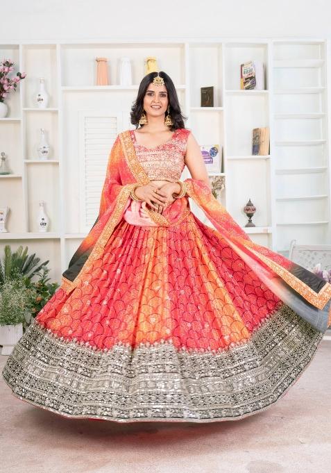 Orange Embroidery Silk Lehenga Set — view on Indya