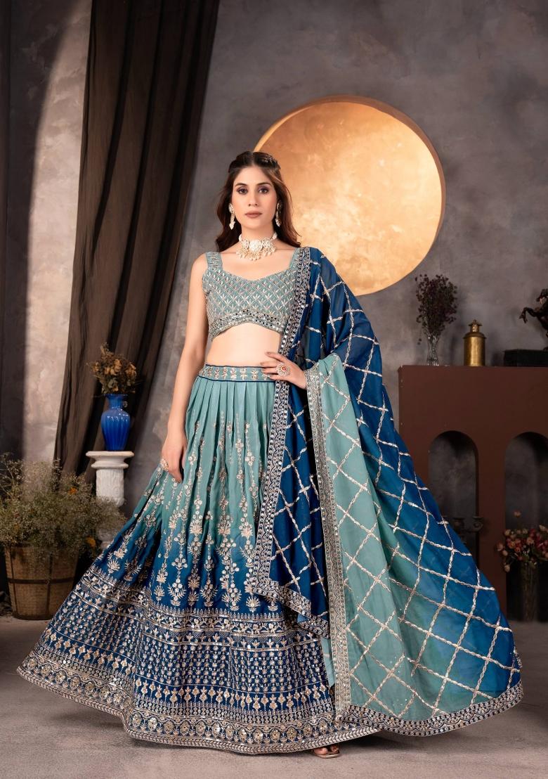 Blue Embroidery Georgette Lehenga Set - Indya