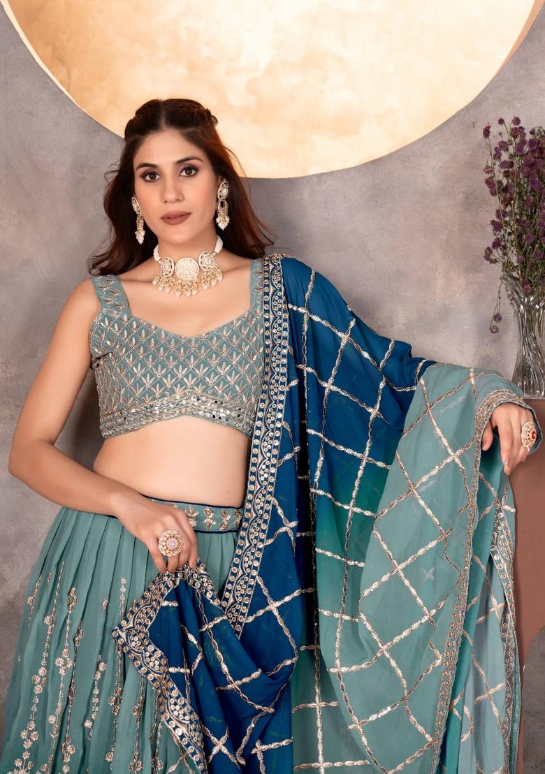 Blue Embroidery Georgette Lehenga Set - Indya