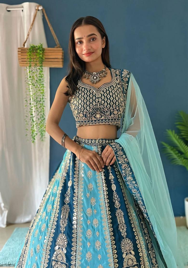 Blue Embroidery Georgette Lehenga Set - Indya