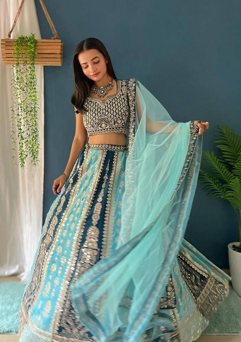 Blue Embroidery Georgette Lehenga Set - Indya