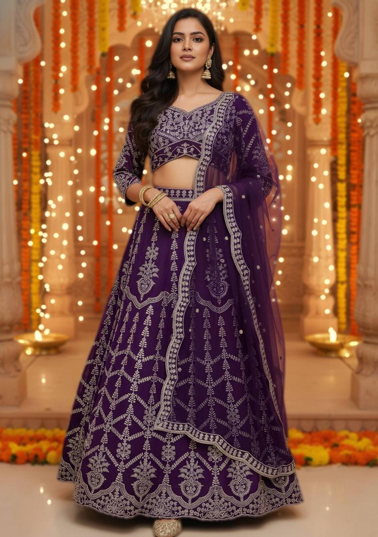 Purple Embroidery Georgette Lehenga Set - Indya