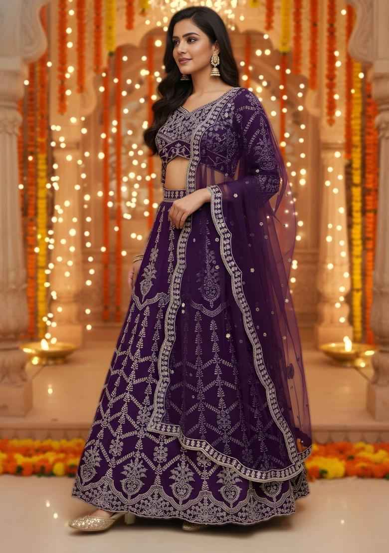 Purple Embroidery Georgette Lehenga Set - Indya