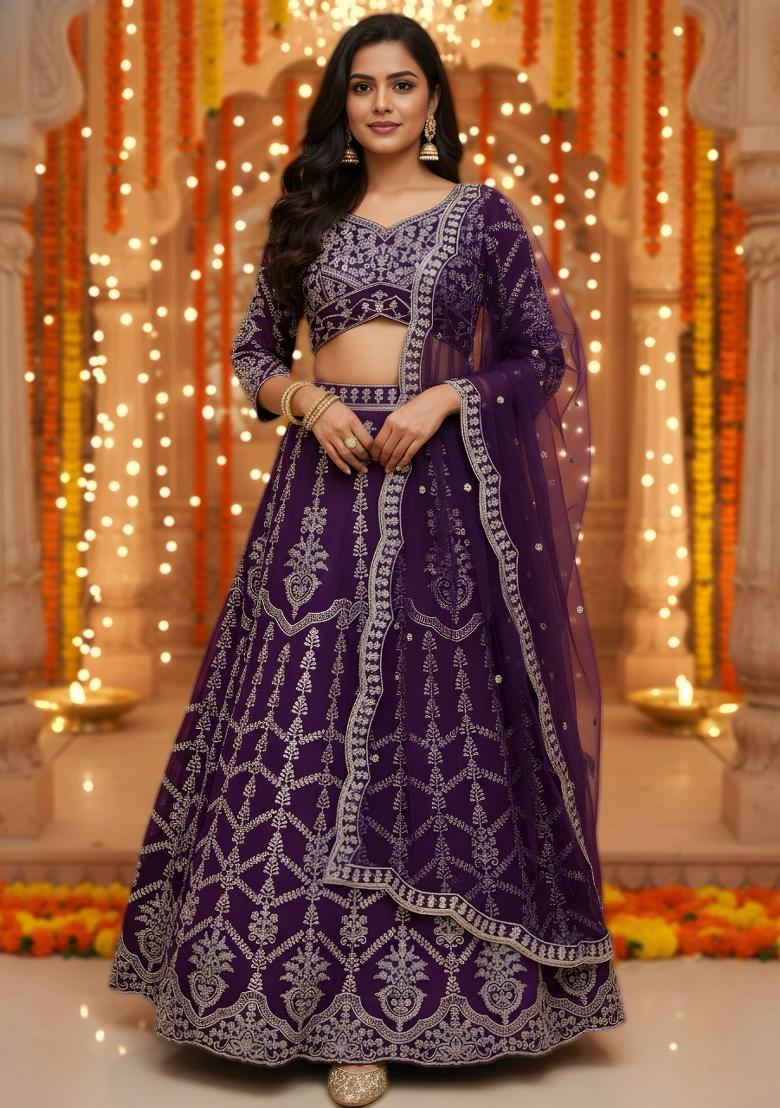 Purple Embroidery Georgette Lehenga Set - Indya