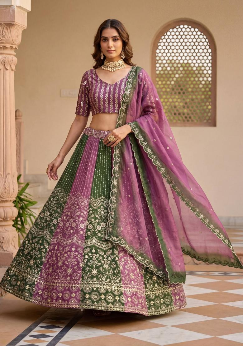 Purple Embroidery Net Lehenga Set - Indya