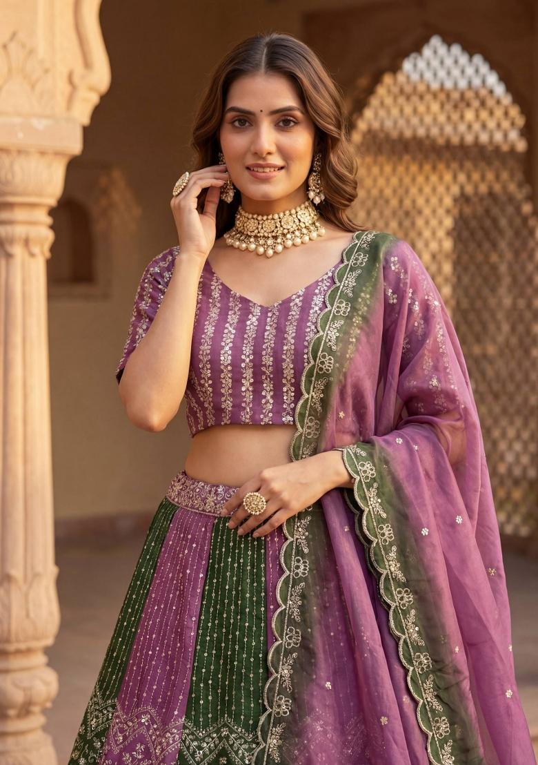 Purple Embroidery Net Lehenga Set - Indya