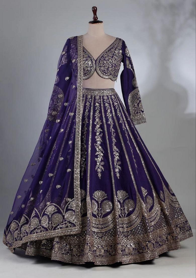 Dark Blue Embroidery Silk Lehenga Set - Indya