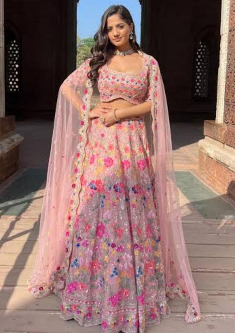 Pink Embroidery Georgette Lehenga Set - Indya