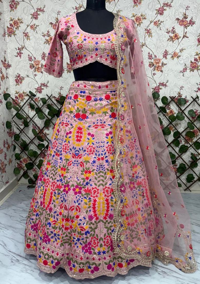 Pink Embroidery Georgette Lehenga Set - Indya