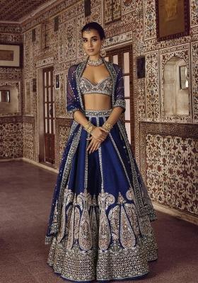Dark Blue Embroidery Silk Lehenga Set