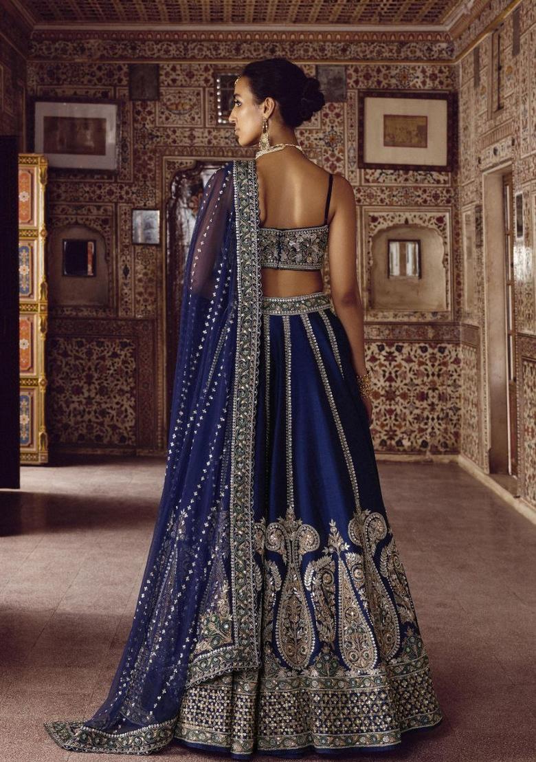 Dark Blue Embroidery Silk Lehenga Set - Indya