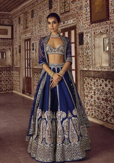Dark Blue Embroidery Silk Lehenga Set — view on Indya