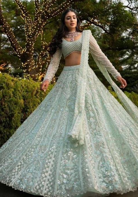 Light Blue Embroidery Net Lehenga Set — view on Indya