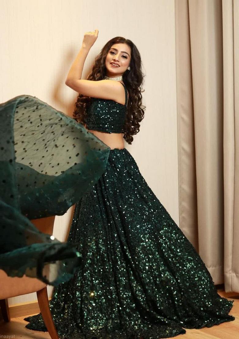 Green Embroidery Silk Lehenga Set - Indya