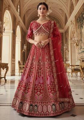 Red Embroidery Silk Lehenga Set