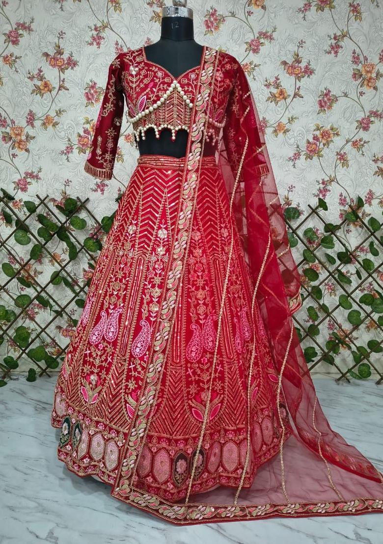 Red Embroidery Silk Lehenga Set - Indya