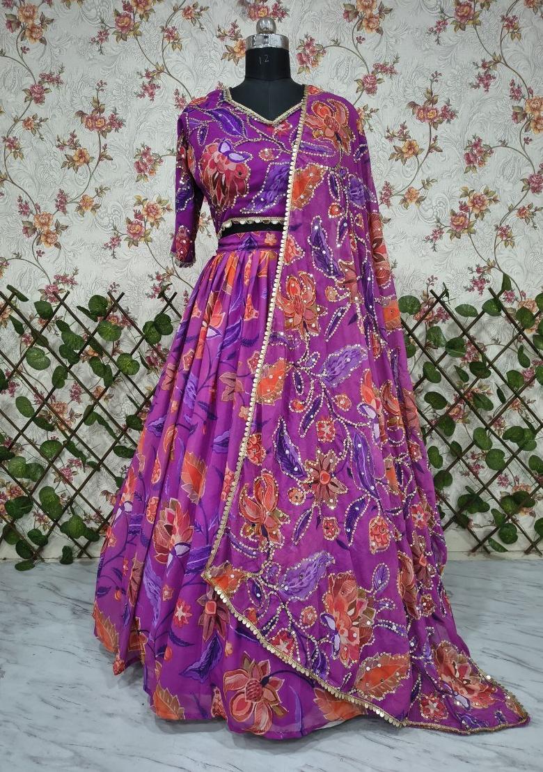 Purple Embroidery Georgette Lehenga Set - Indya