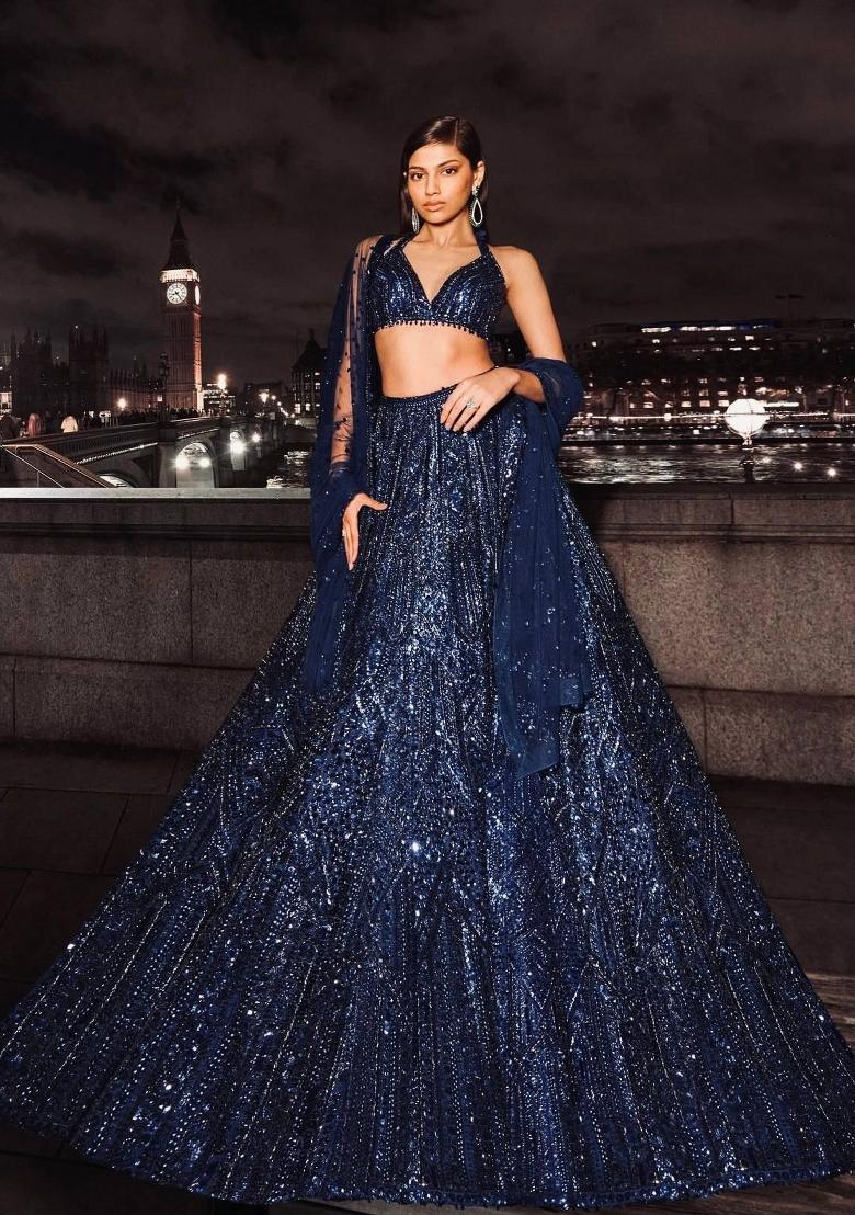 Dark Blue Embroidery Georgette Lehenga Set - Indya