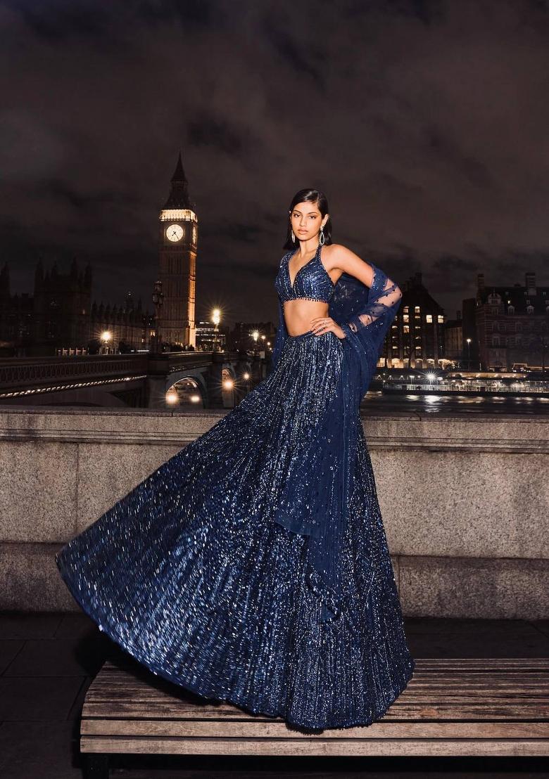 Dark Blue Embroidery Georgette Lehenga Set - Indya