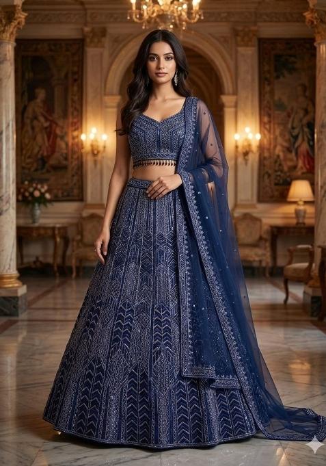 Dark Blue Embroidery Georgette Lehenga Set — view on Indya