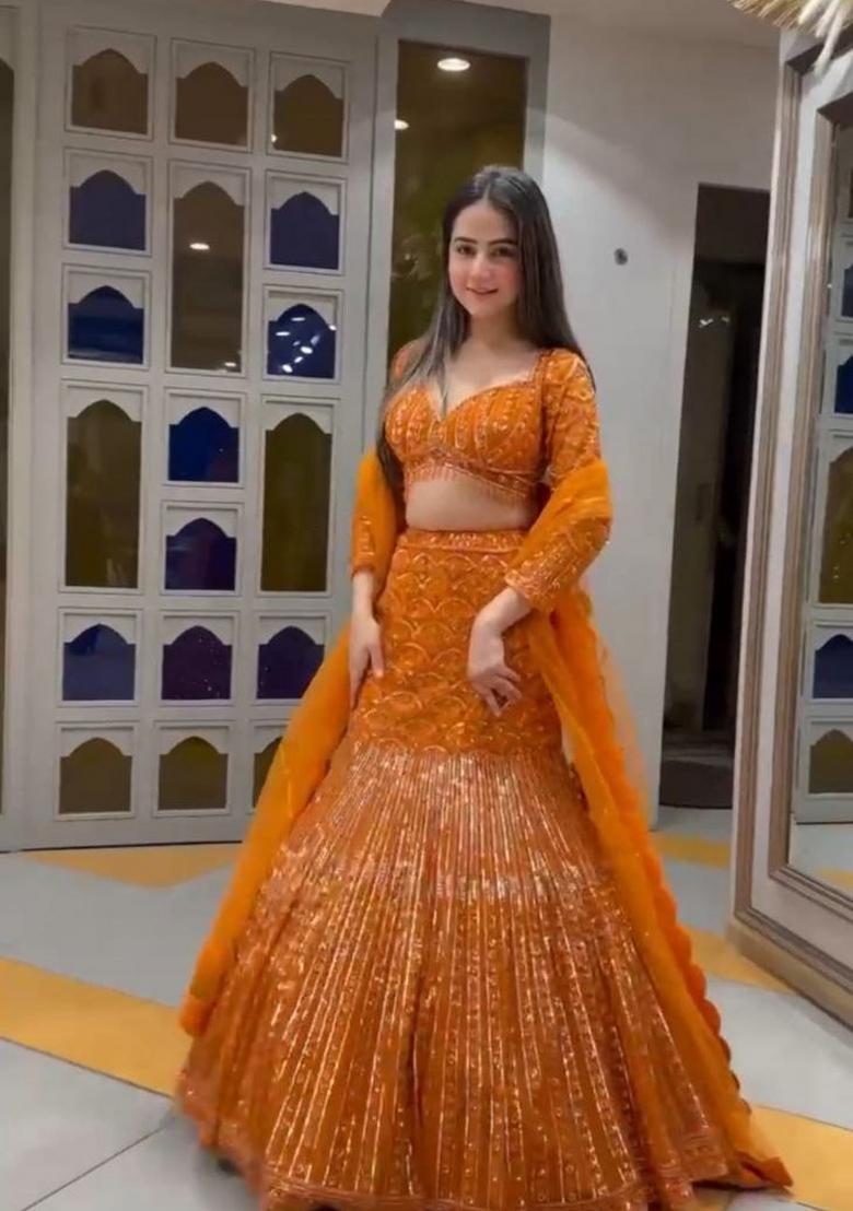 Orange Embroidery Georgette Lehenga Set - Indya