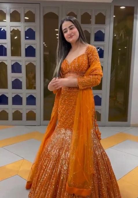Orange Embroidery Georgette Lehenga Set — view on Indya
