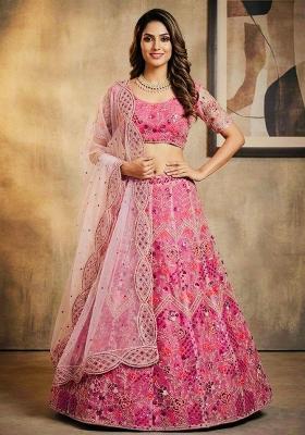 Rani Pink Embroidery Net Lehenga Set
