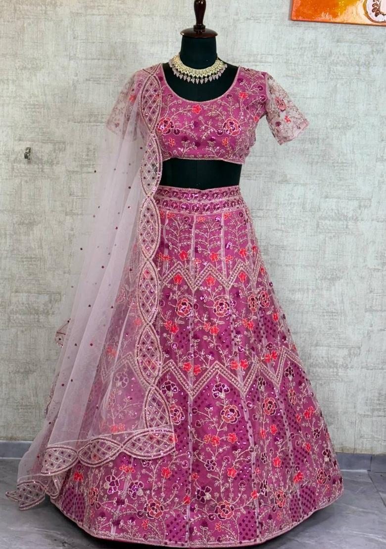 Rani Pink Embroidery Net Lehenga Set - Indya