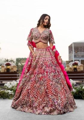 Red Embroidery Silk Lehenga Set