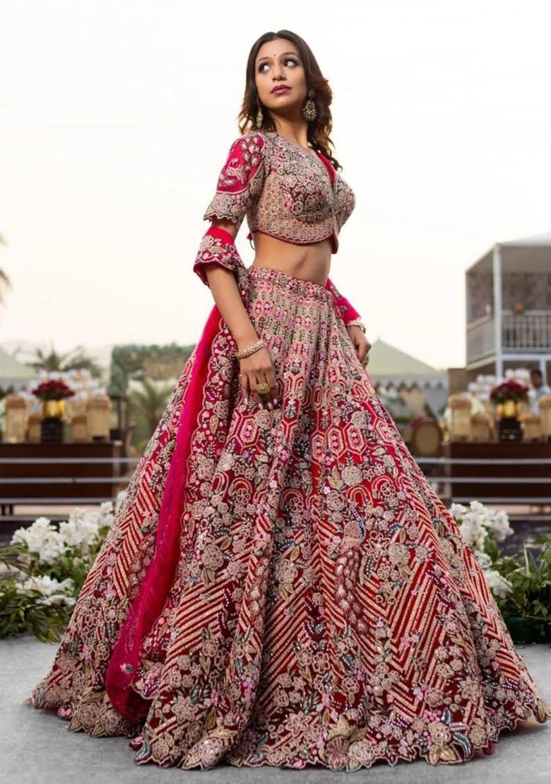Red Embroidery Silk Lehenga Set - Indya