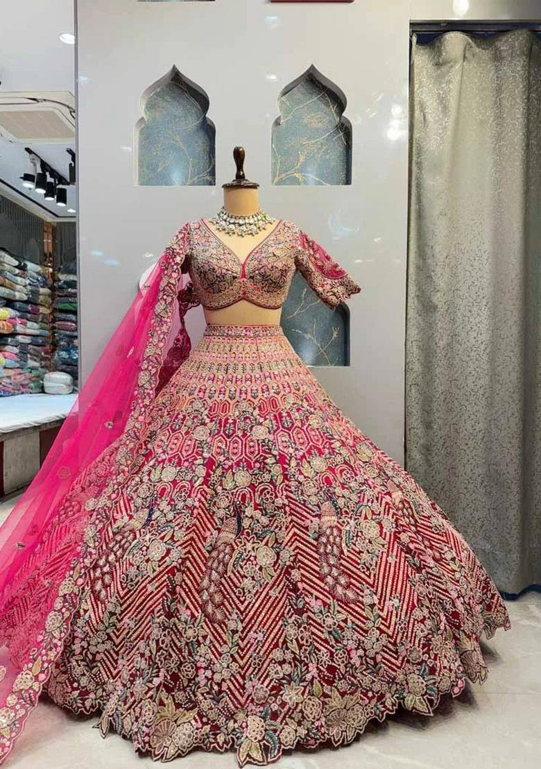 Red Embroidery Silk Lehenga Set - Indya