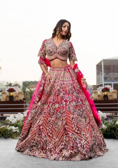 Red Embroidery Silk Lehenga Set — view on Indya