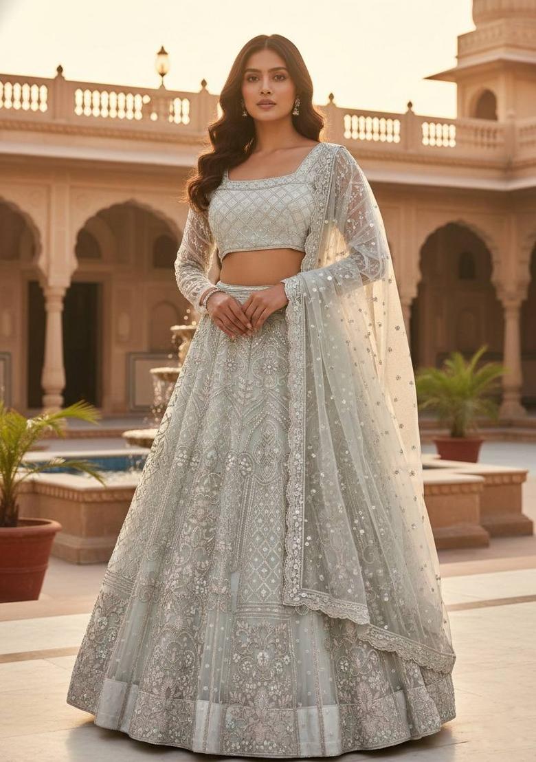 Grey Embroidery Net Lehenga Set - Indya
