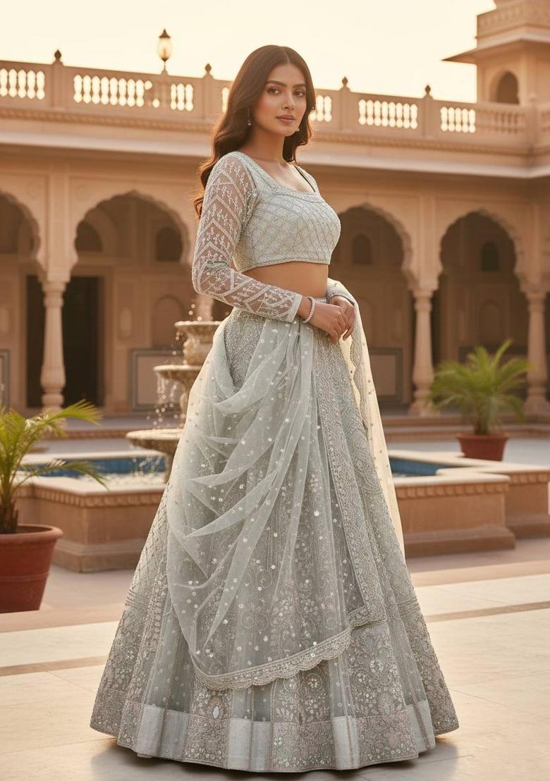 Grey Embroidery Net Lehenga Set - Indya