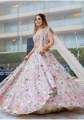 Beige Embroidery Silk Lehenga Set