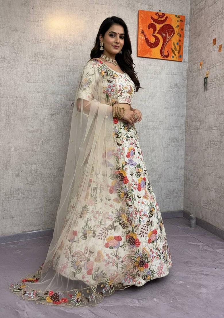 Beige Embroidery Silk Lehenga Set - Indya