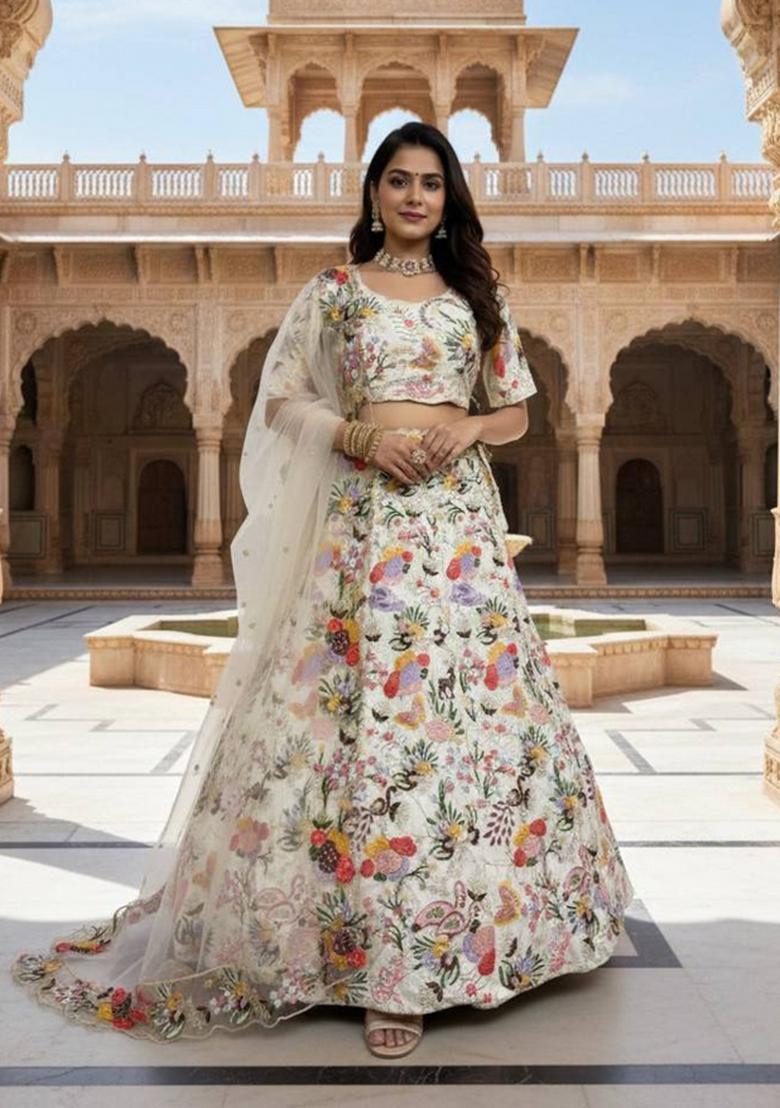 Beige Embroidery Silk Lehenga Set - Indya