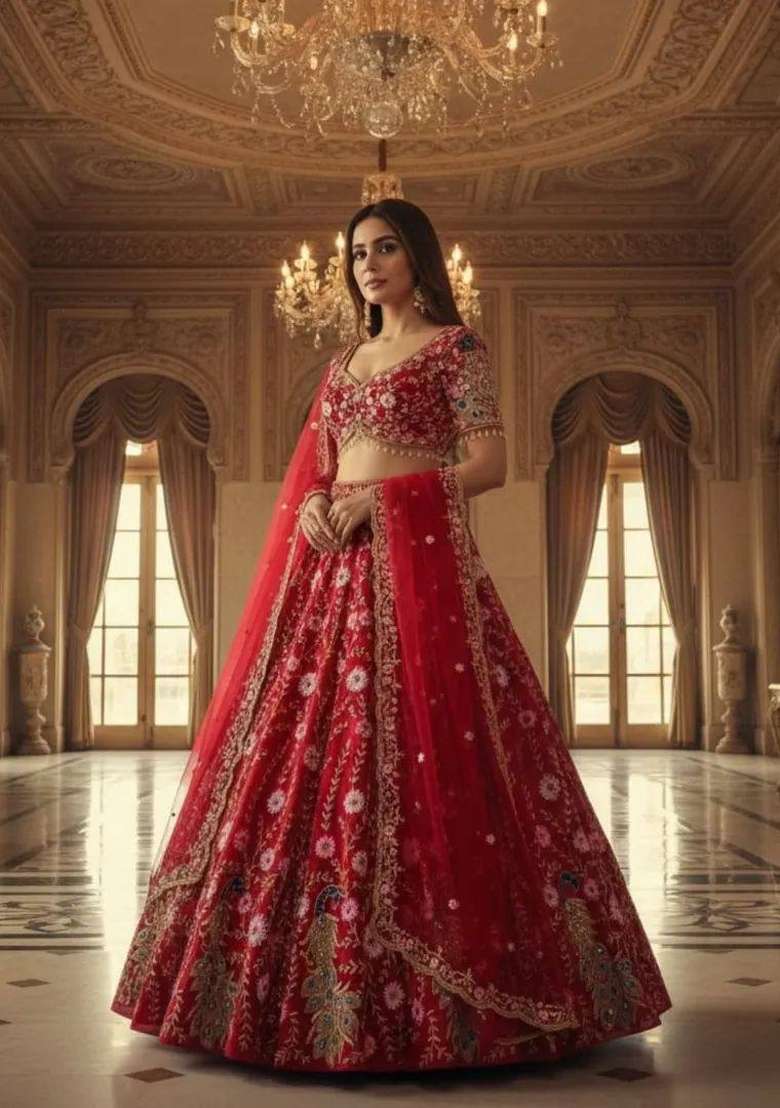 Red Embroidery Net Lehenga Set for Diwali and Festive Wear - Indya