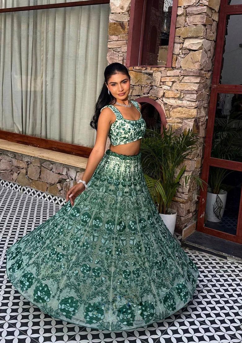 Green Embroidery Silk Lehenga Set - Indya