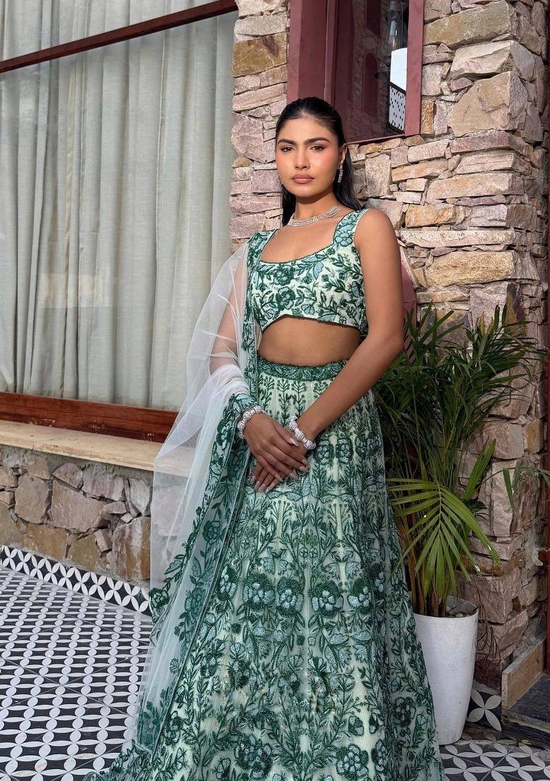 Green Embroidery Silk Lehenga Set - Indya