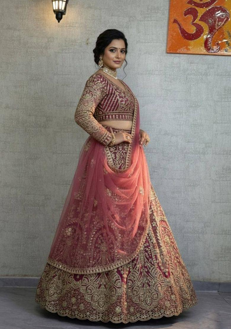 Pink Embroidery Net Lehenga Set - Indya