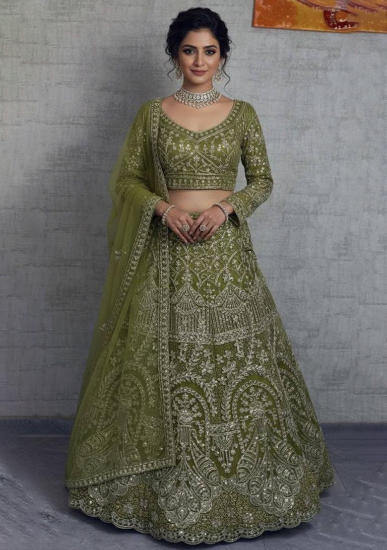 Green Embroidery Net Lehenga Set - Indya